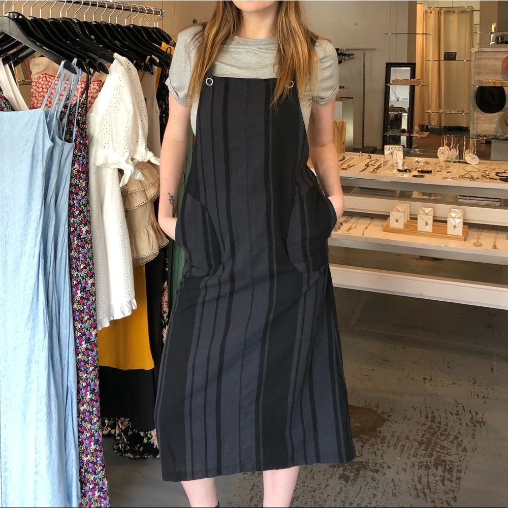 Black & Grey Striped Overall Dress with Pockets
